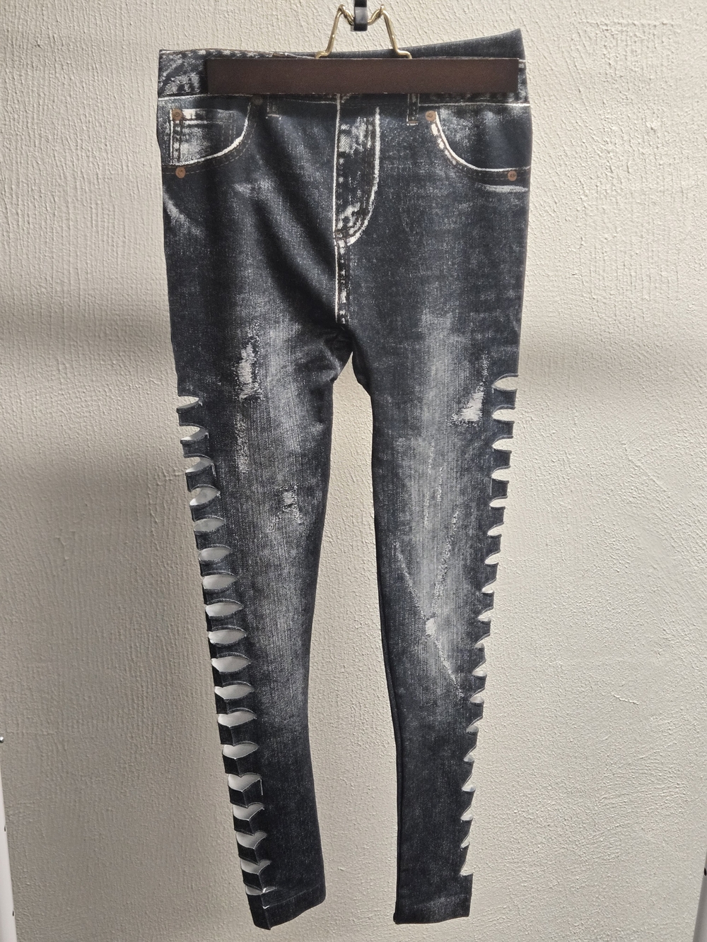 Womens Realistic  Distressed Black Washed Leggings- Ripped Sides
